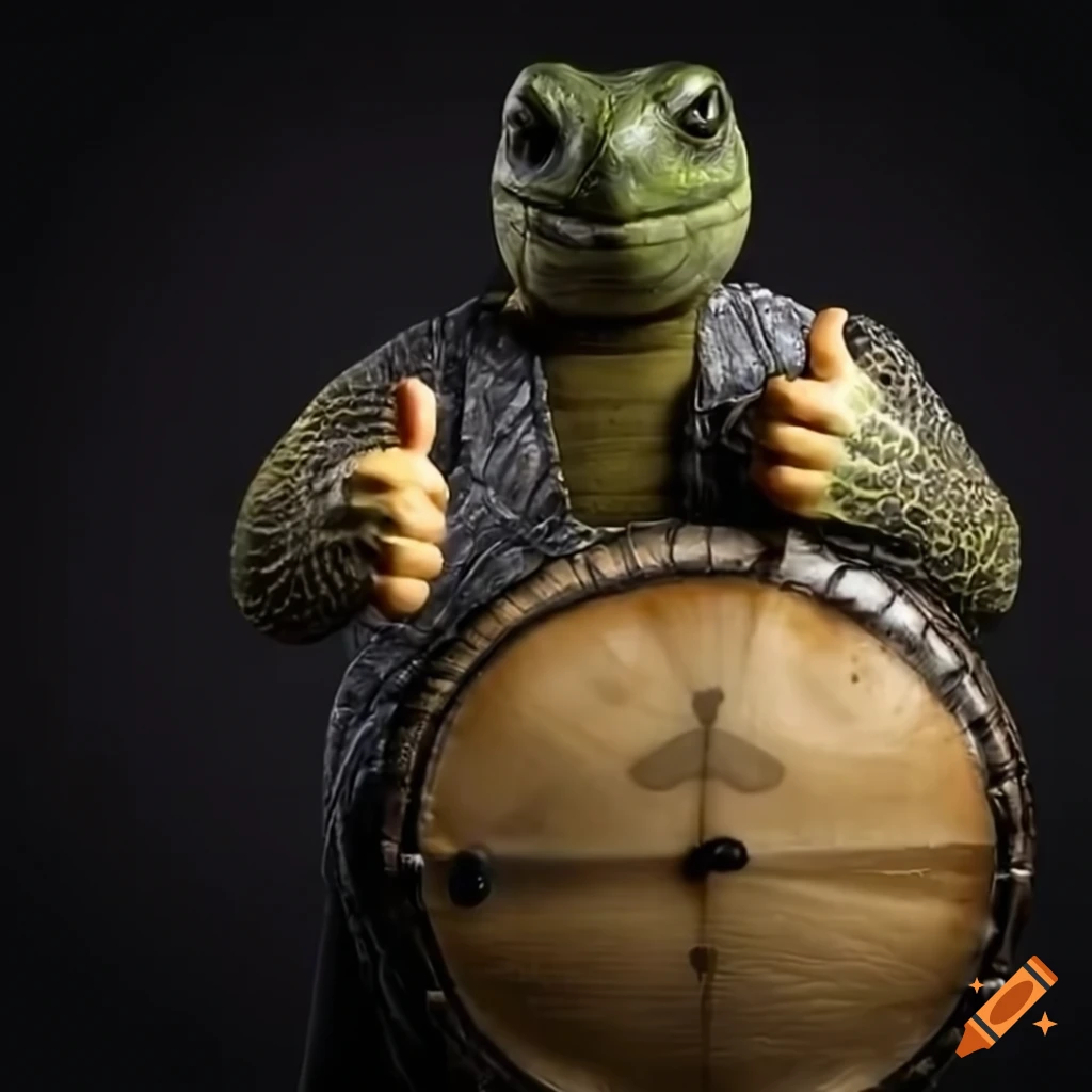Funny turtle with human arms and hands holding a banjo