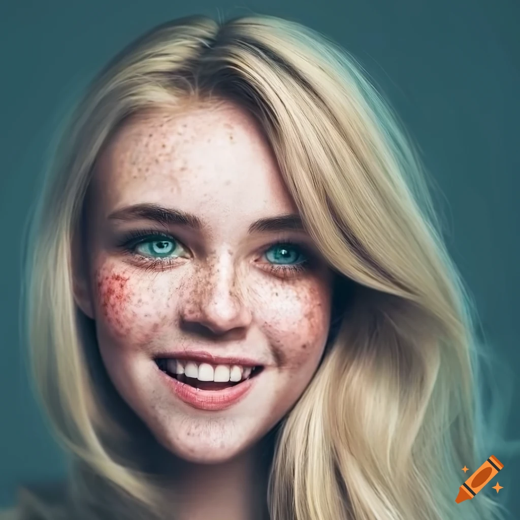 Portrait of a beautiful young woman with freckles and blonde hair on ...