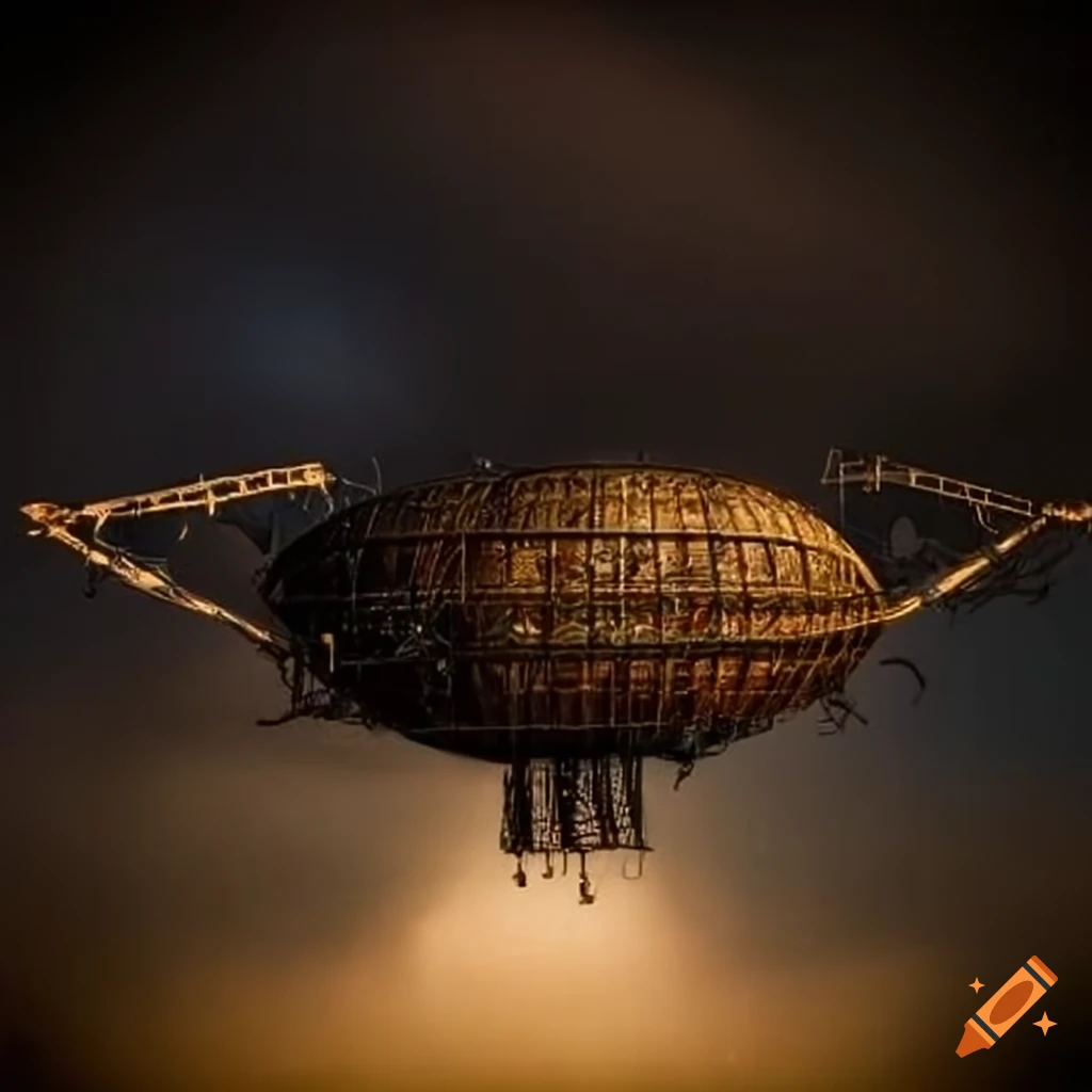 artistic depiction of a steampunk airship in the sky