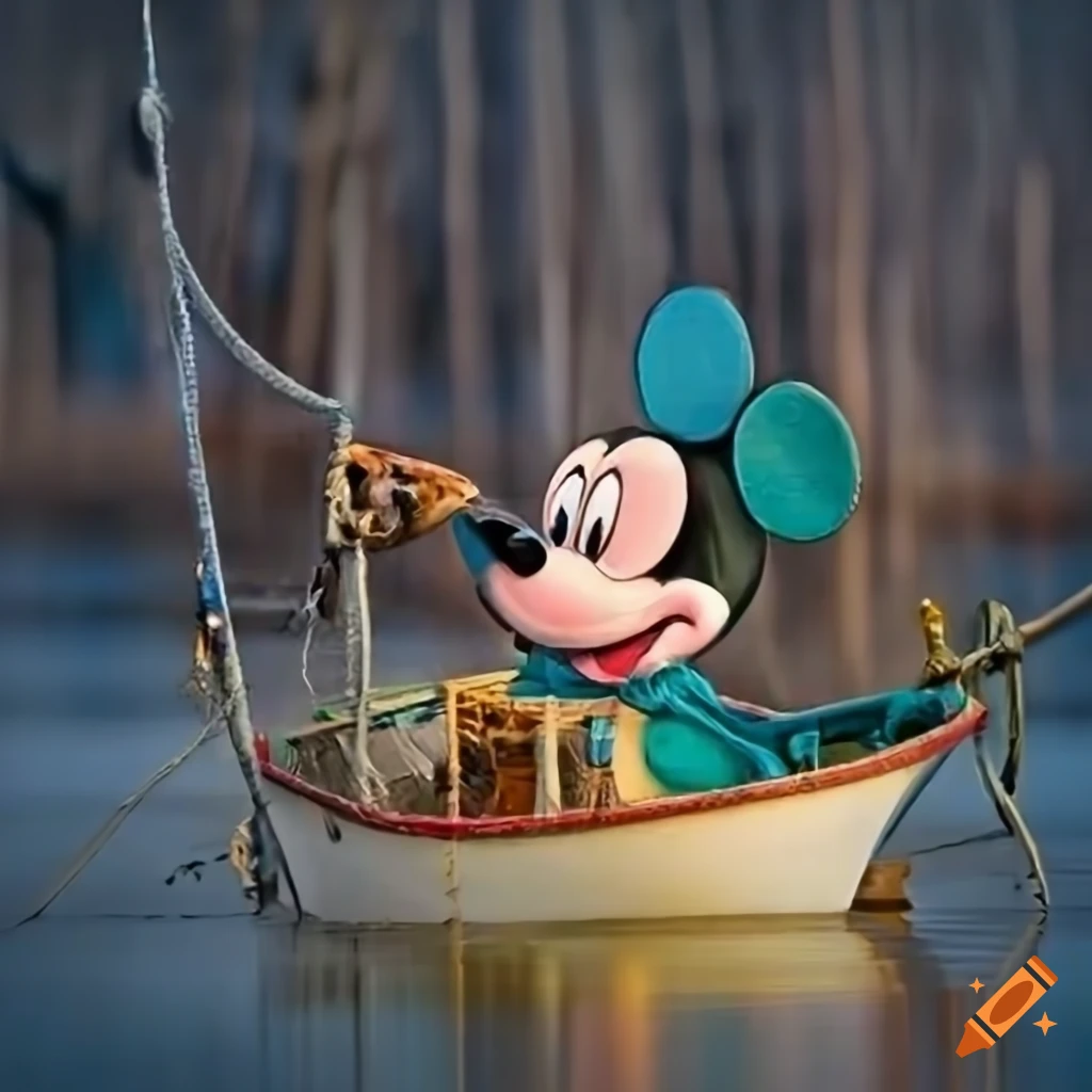 Photo realistic 2d mickey mouse fishing in a boat on Craiyon