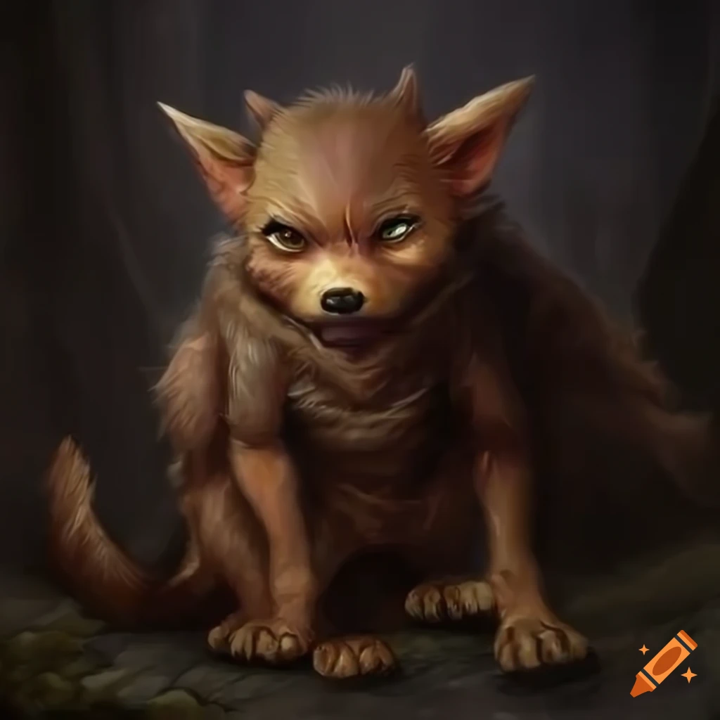 realistic fantasy art of a gnoll pup