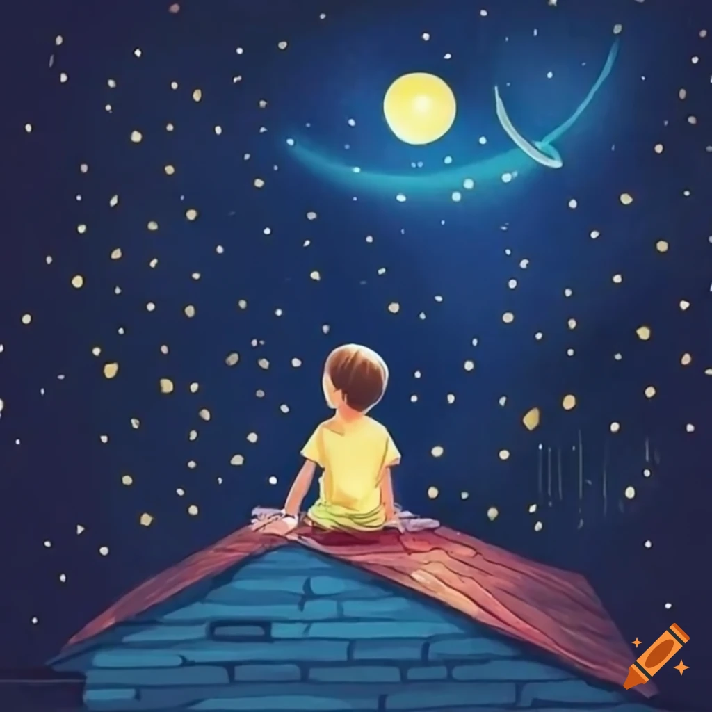 child sitting on the rooftop at night