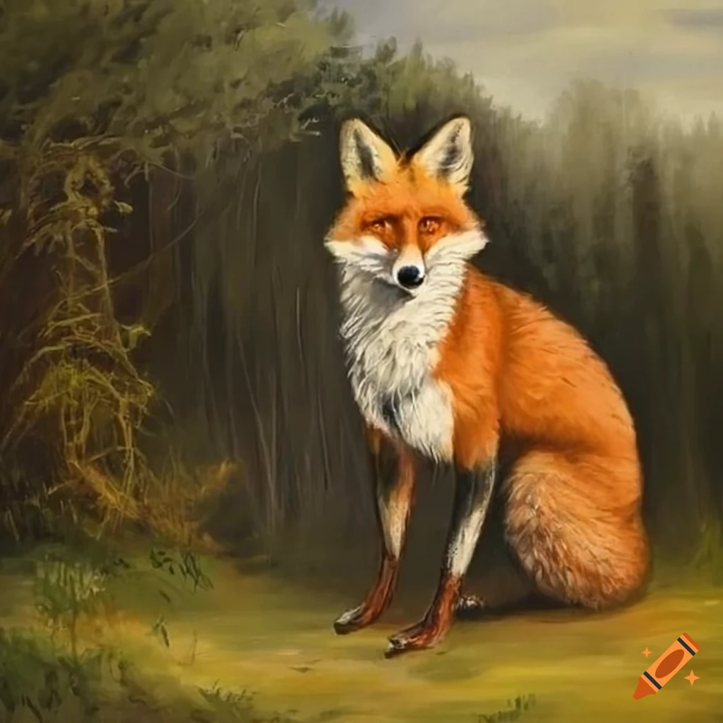 painting of a fox and a magpie in a field