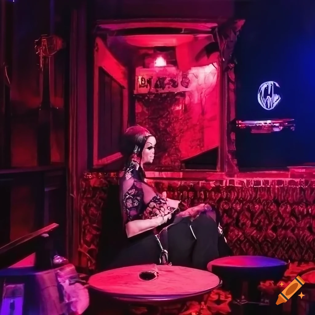 goth eating a sandwich in a gothic nightclub