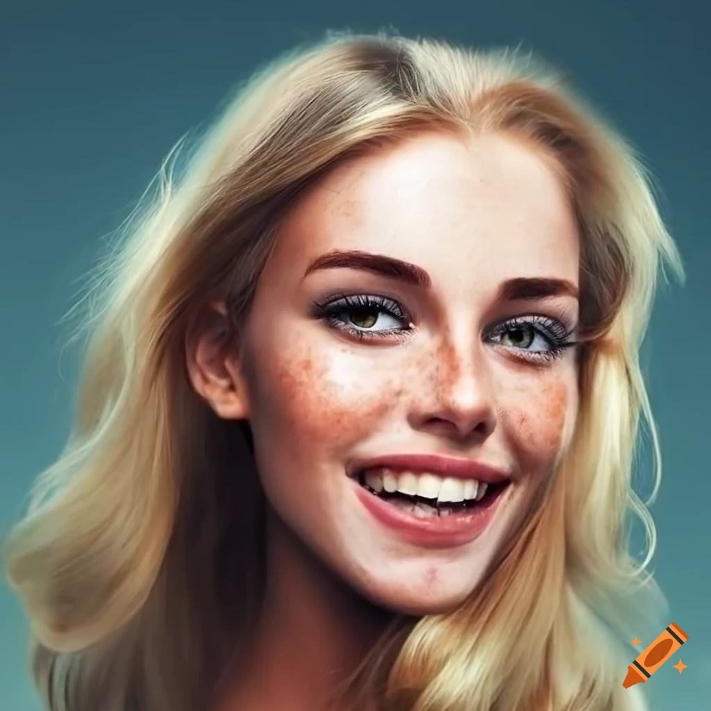 Portrait of a beautiful young woman with freckles and blonde hair on ...