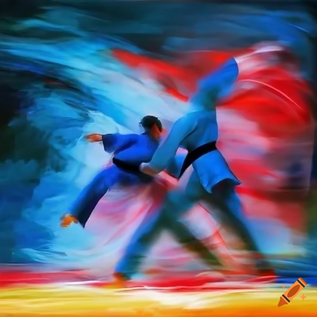 speed painting of judokas twirling their belts in Olympic rings formation