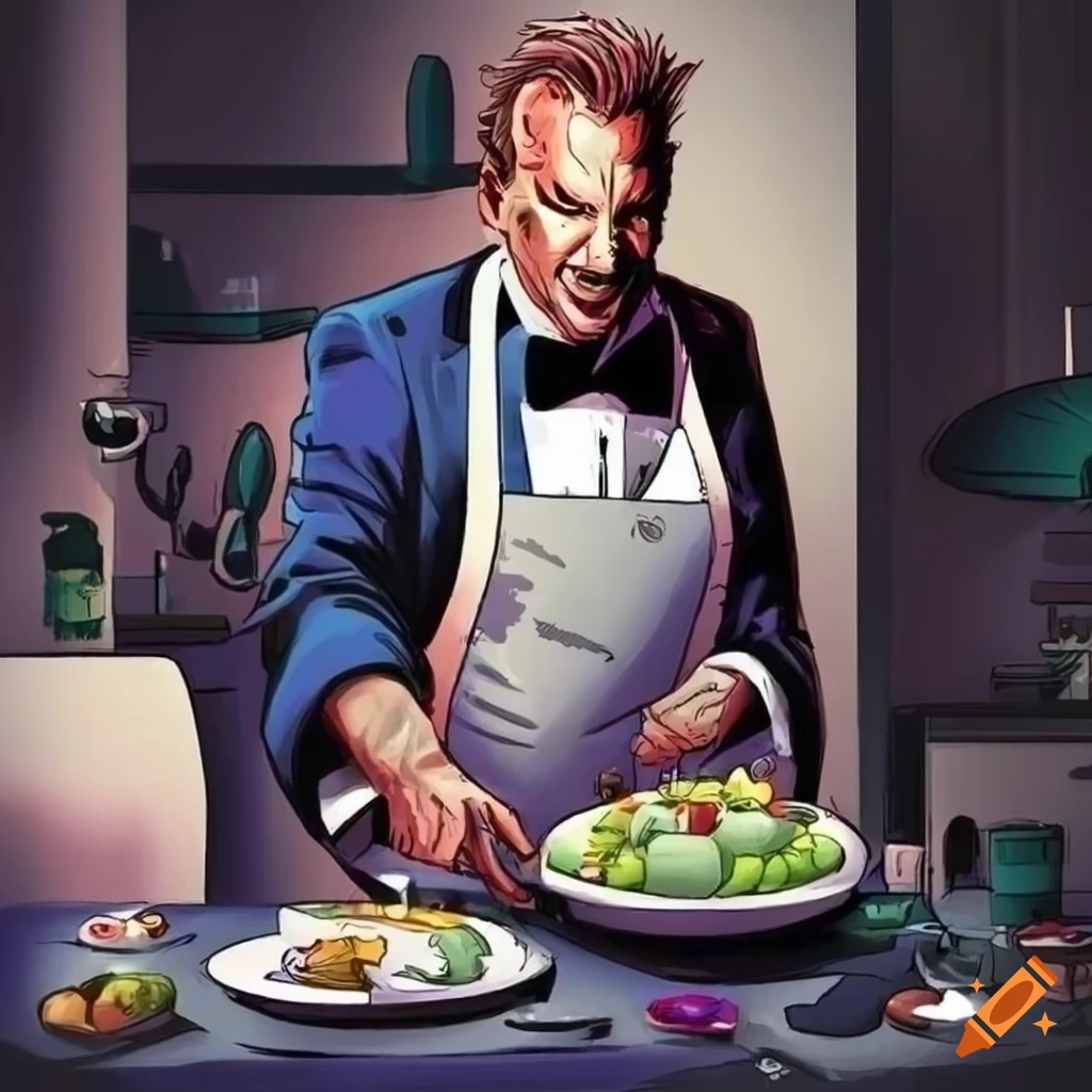 comic book art of a butler in a modern city kitchen