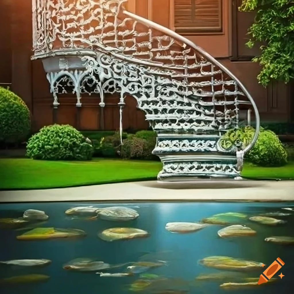 ornamental silver balcony in a garden with curved stairs