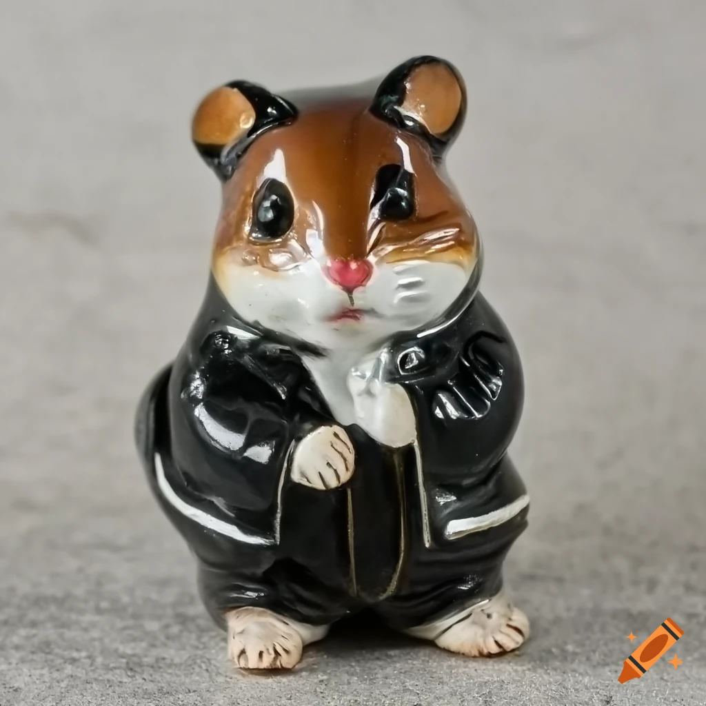 ceramic figurine of a hamster in a black jacket