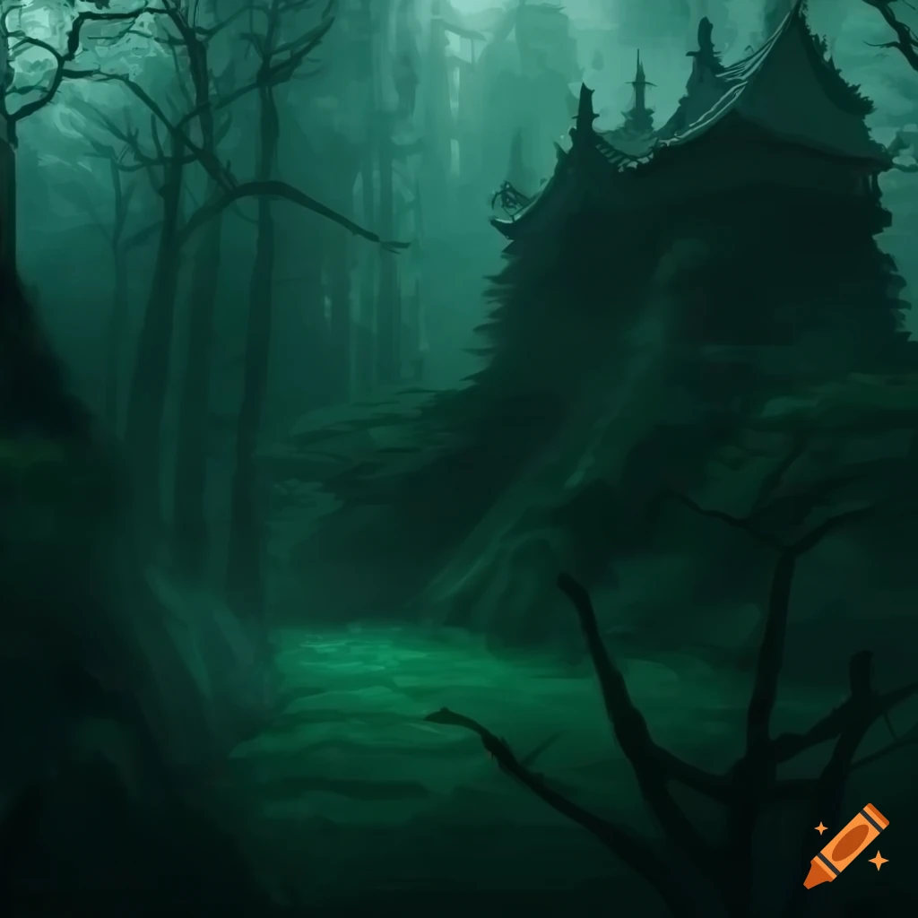 Dark fantasy forest with a Japanese castle on Craiyon