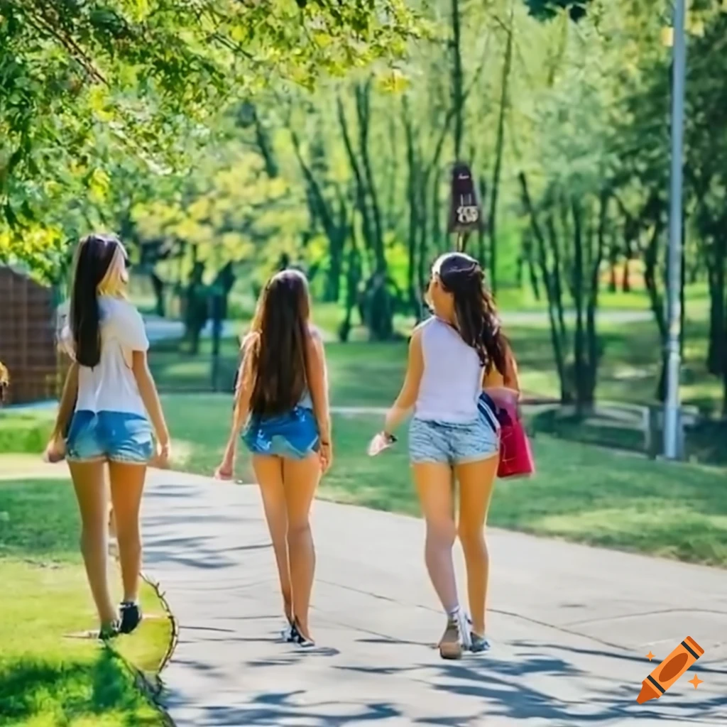college women walking across campus on a sunny day