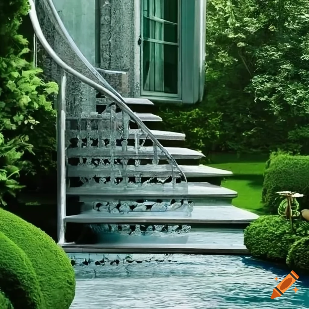 curved silver stairs in a garden leading to a balcony