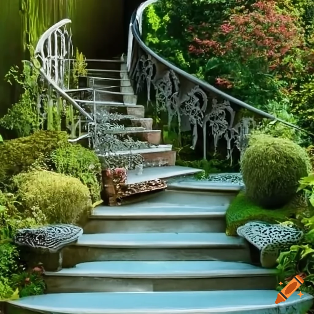 curved silver stairs leading to an Islamic balcony in a garden