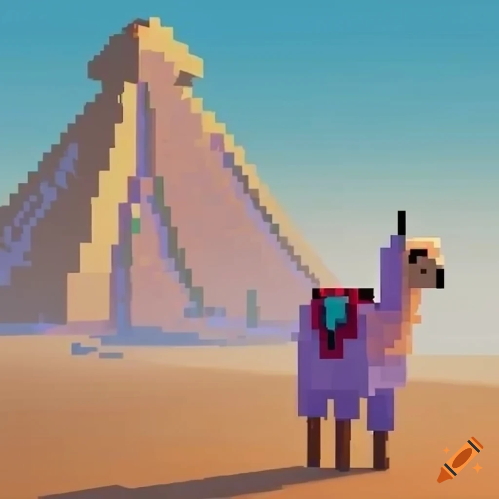 pixelated llama painting near a Minecraft pyramid