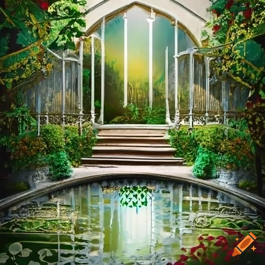 curved silver stairs in a garden leading to a pond-side balcony