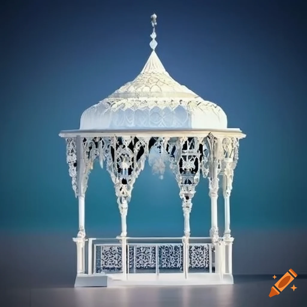silver and white ornamental Islamic gazebo on a balcony