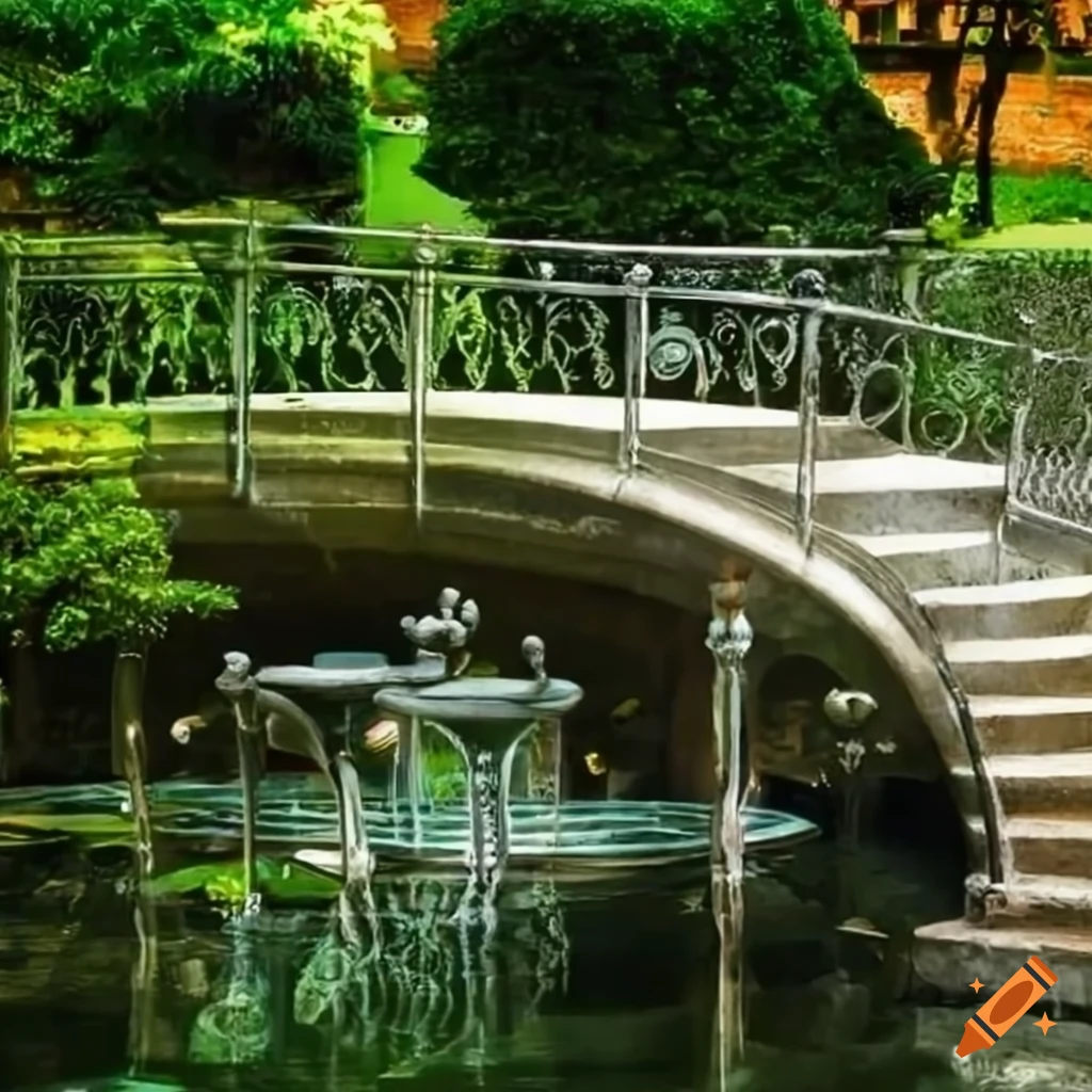 curved silver stairs in a garden leading to a balcony