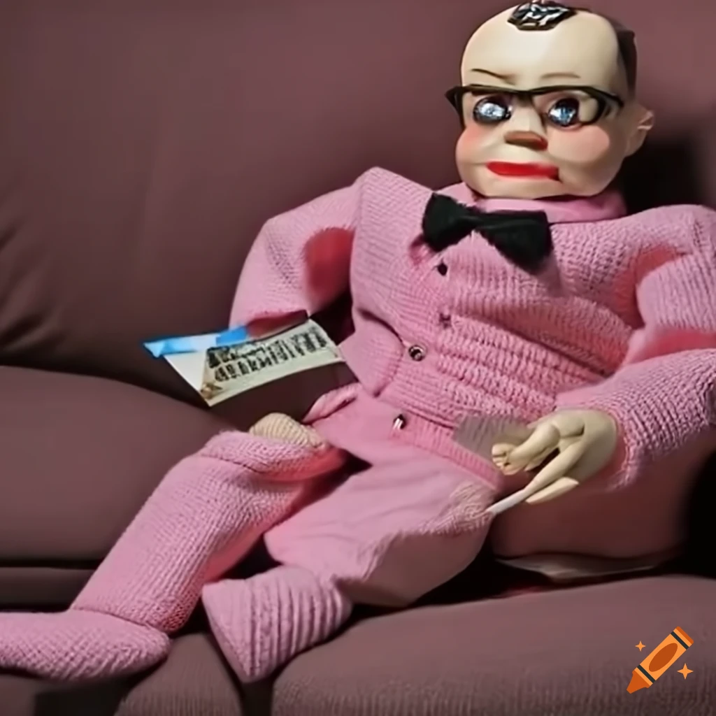 Satirical image of a ventriloquist dummy in a pink suit with credit