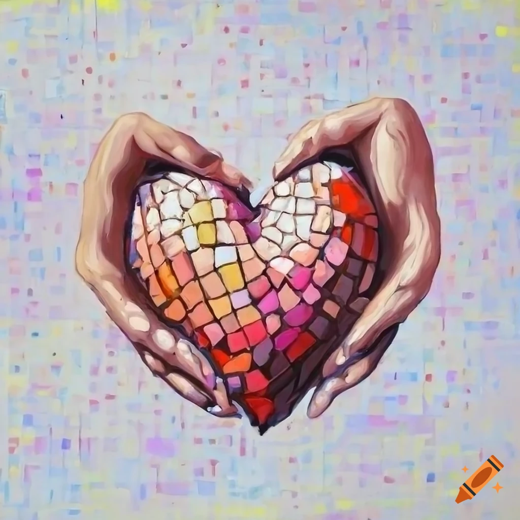 mosaic painting of hands holding a heart