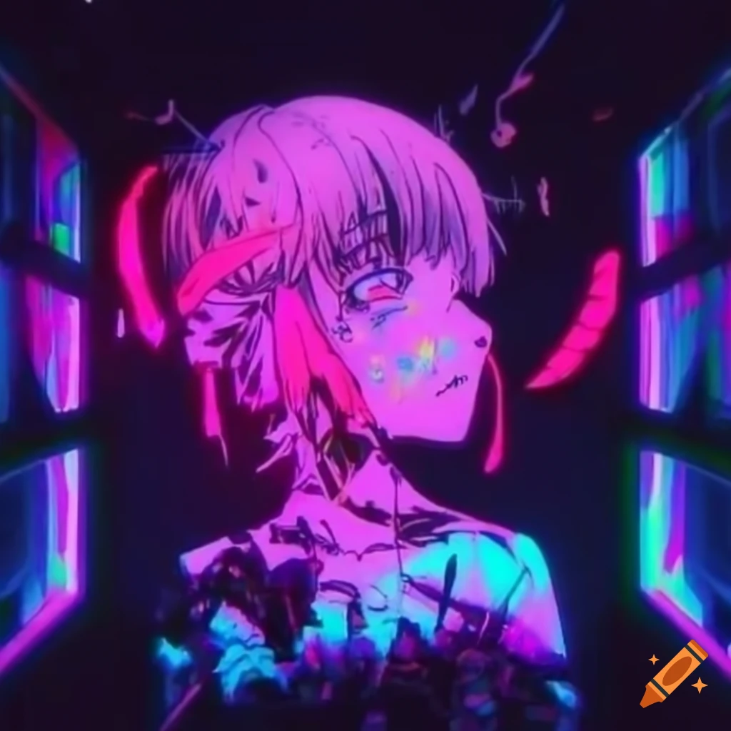 Anime-inspired neon scene with intricate lighting