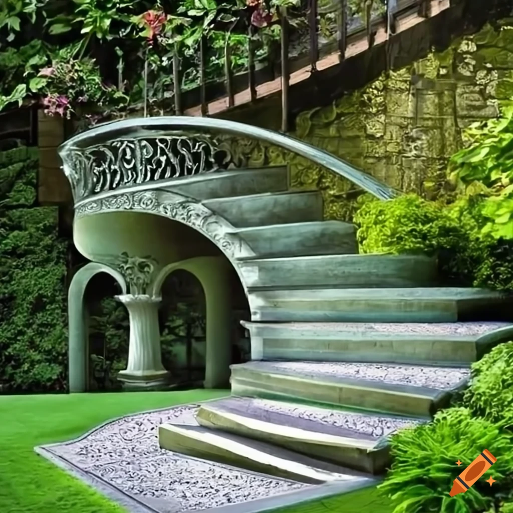 Islamic silver balcony overlooking a garden with curved silver stairs