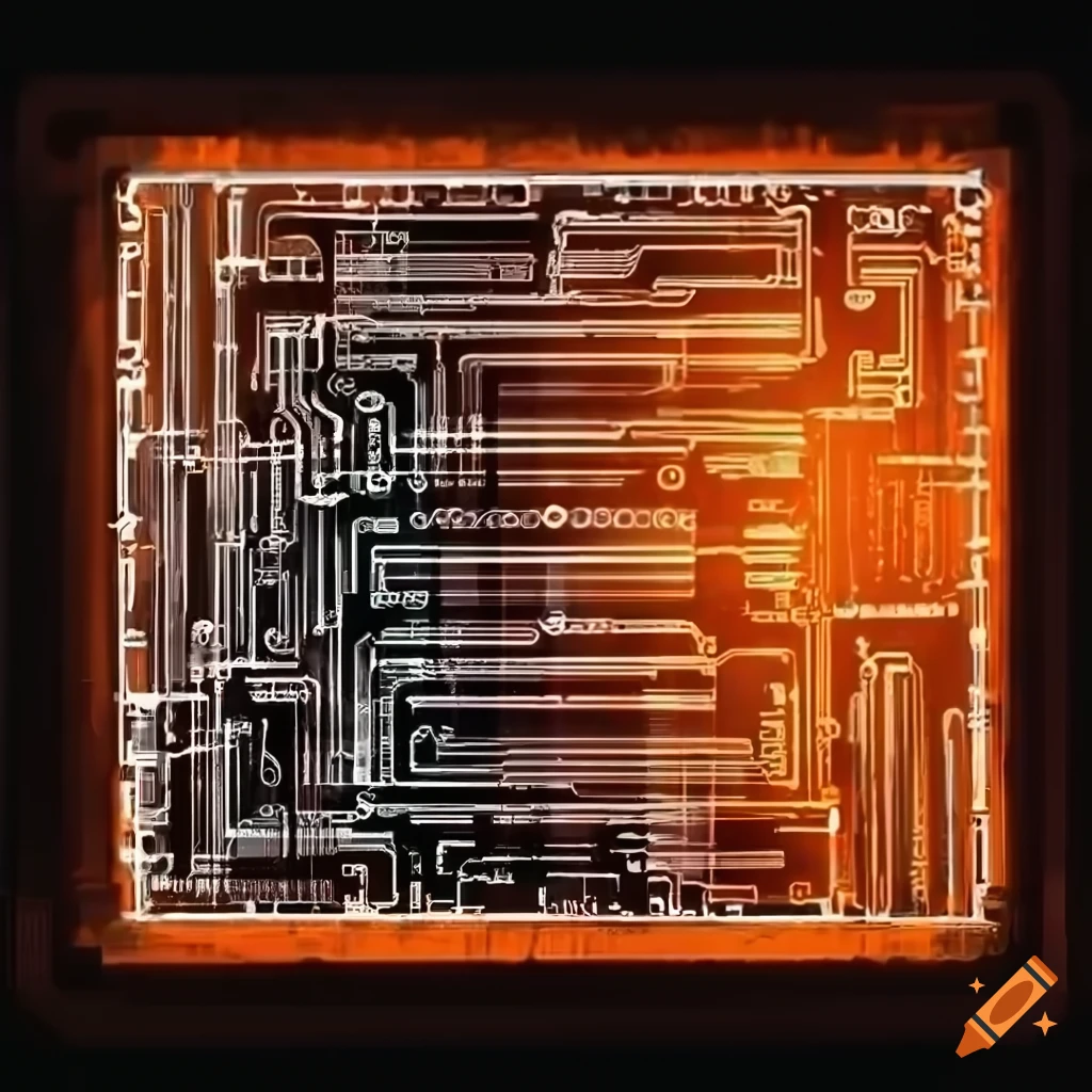 Abstract artwork of glowing orange circuit boards on Craiyon