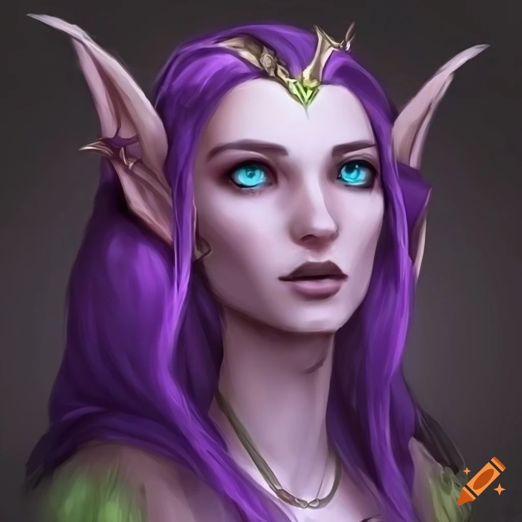Art of a night elf druid with a purple hair and leaf dress