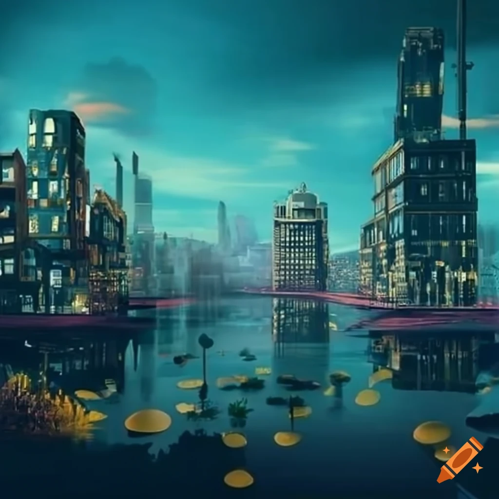 solarpunk cityscape with abundant plants and clean water