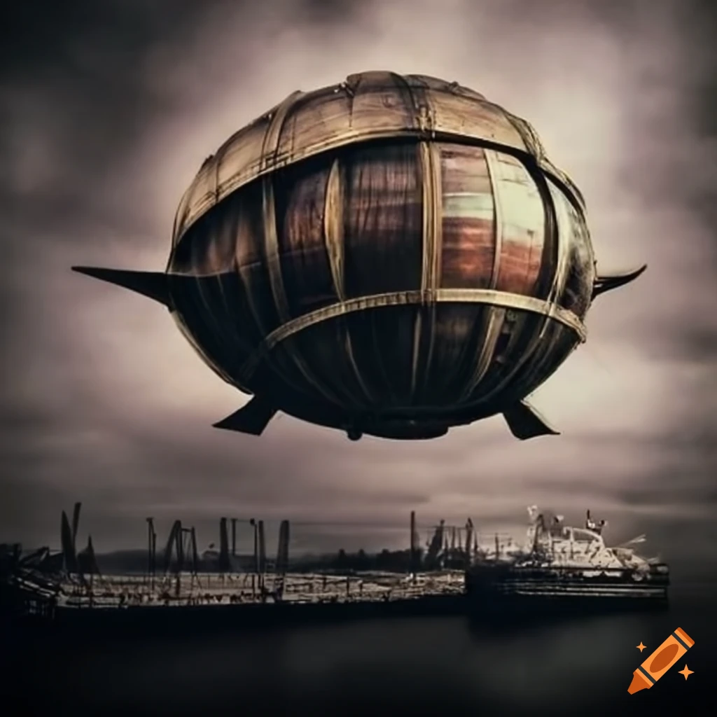 artistic depiction of a steampunk airship in the sky