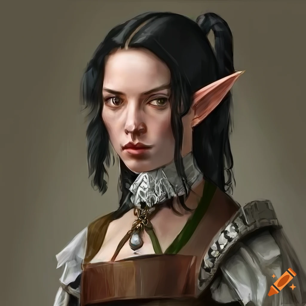 Sturdy and muscular half-elf female fighter, two tone medium length hair  tied up, wearing a combat outfit with the colors of nature and holding a  war hammer and war axe on Craiyon