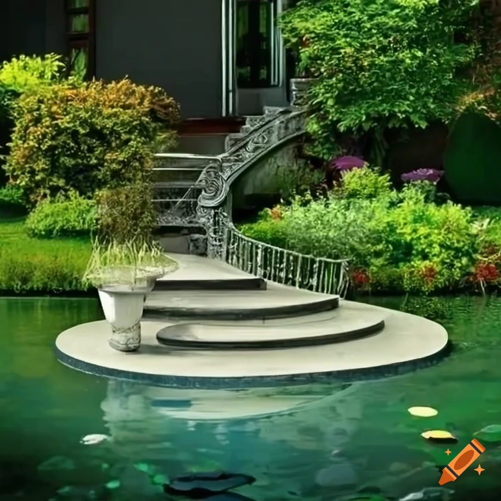 curved silver stairs leading to a balcony in a garden