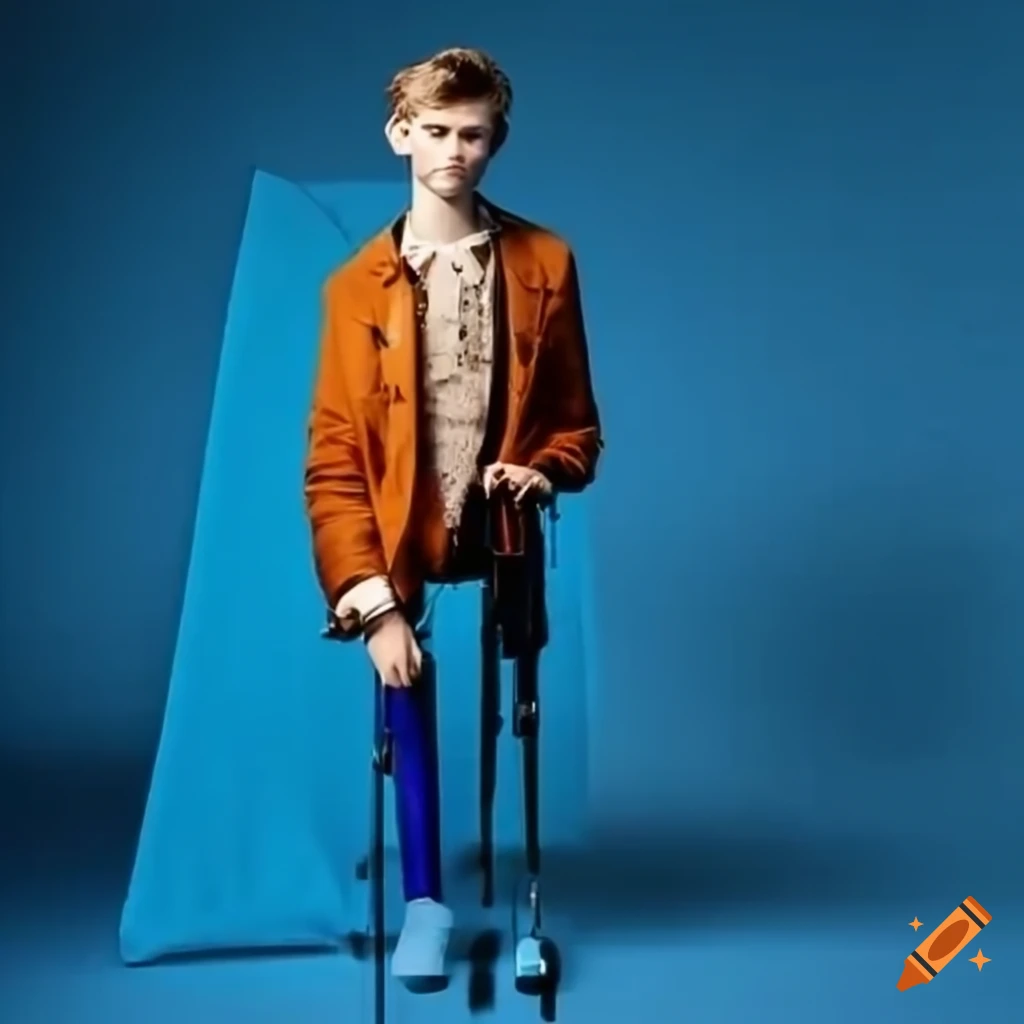 Thomas brodie-sangster with a blue cast and crutches on Craiyon
