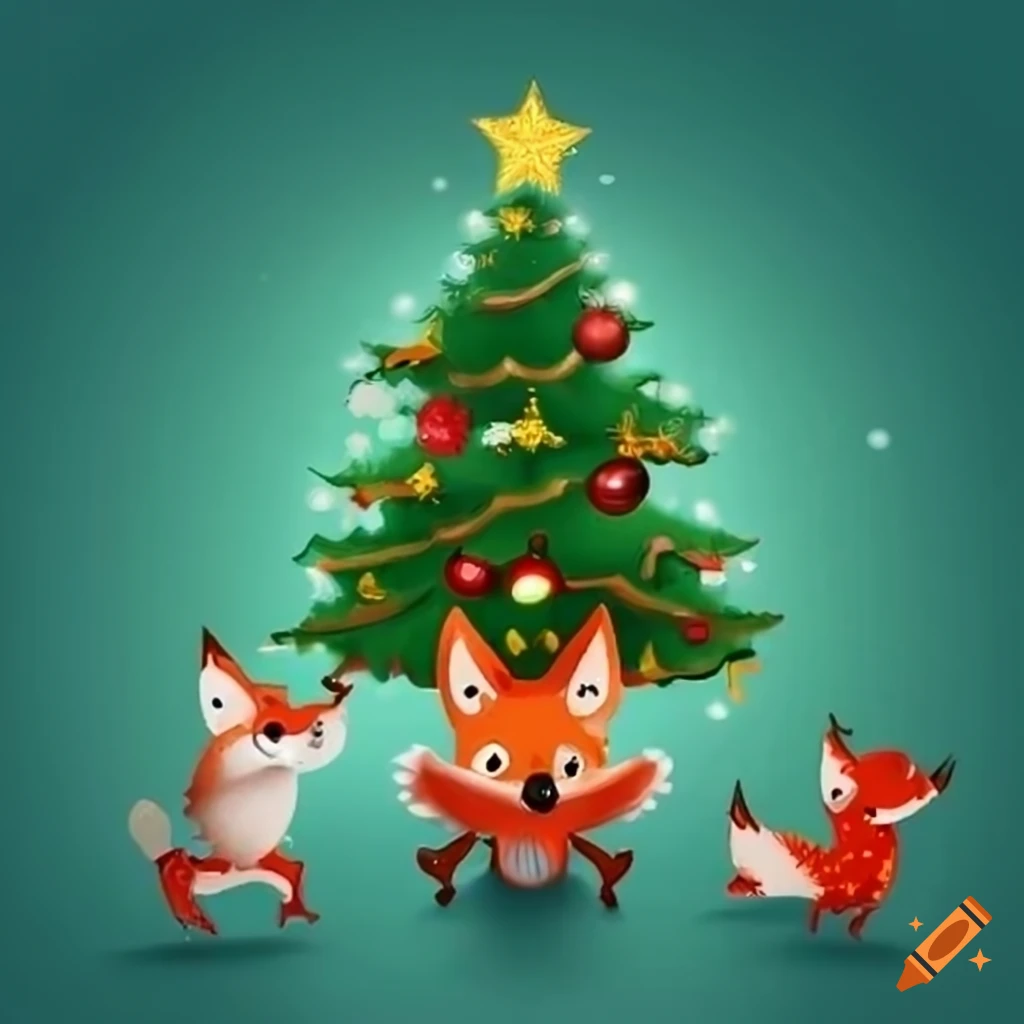 Cartoon art of a fox with a christmas tree on Craiyon