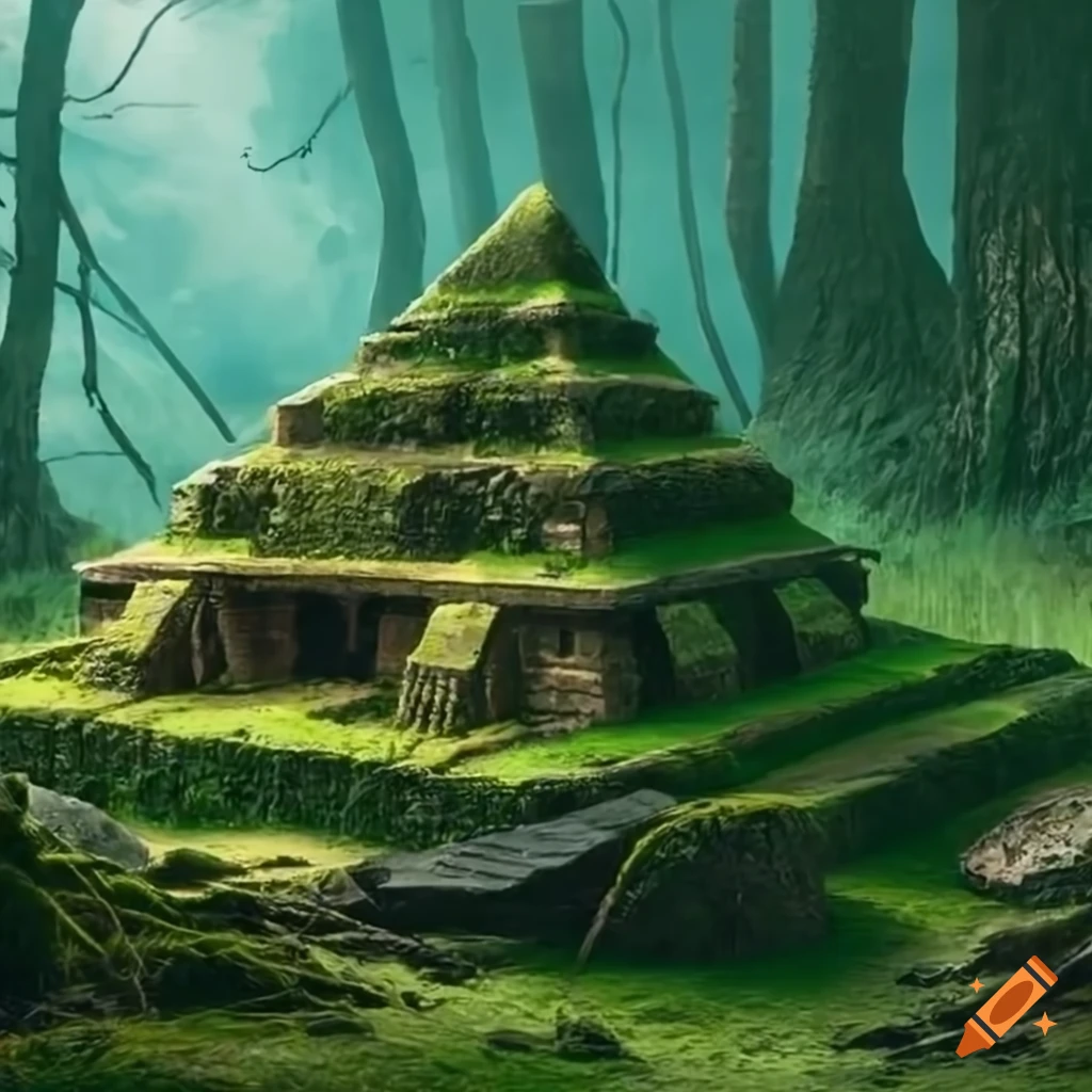 Green forest with a mosscovered pyramid bunker on Craiyon