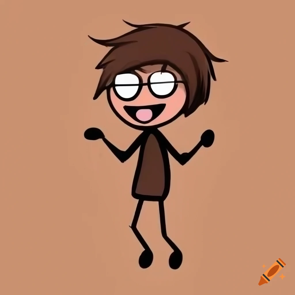 Full-body stickman character with messy brown hair and glasses