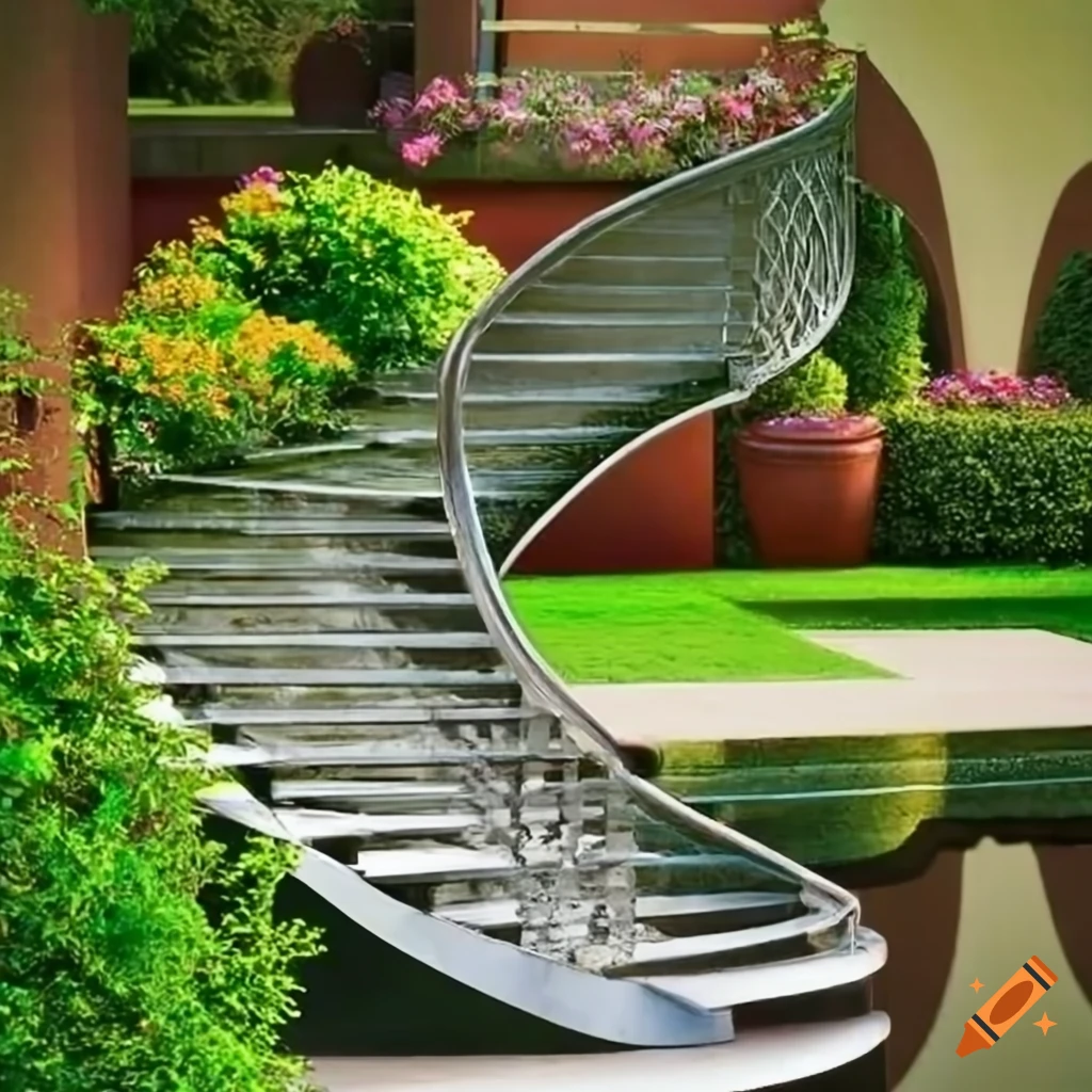 Islamic silver balcony overlooking a garden with curved silver stairs