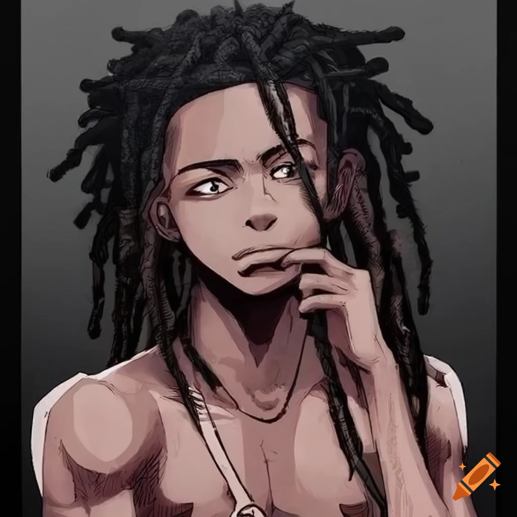 Black anime character with dreads and a hoodie on Craiyon