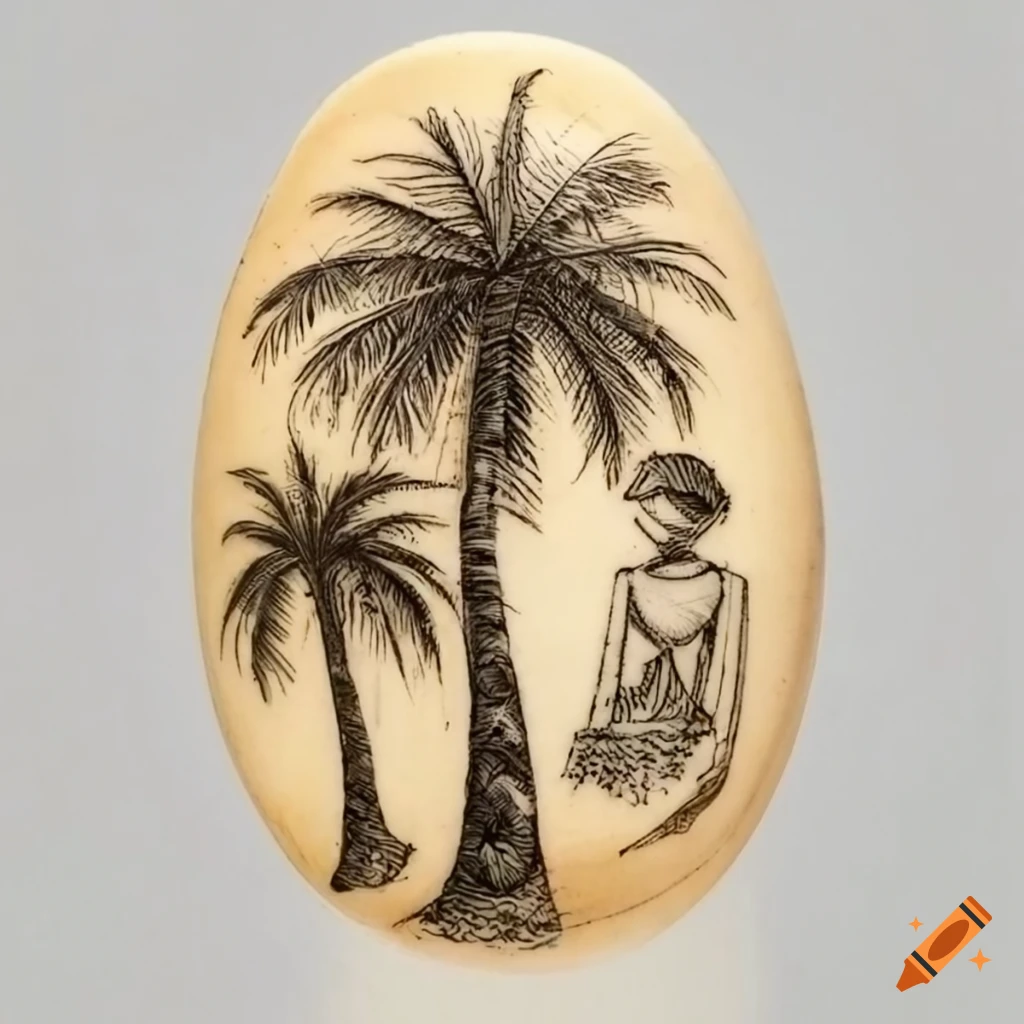 Scrimshaw drawing of palm trees on ivory