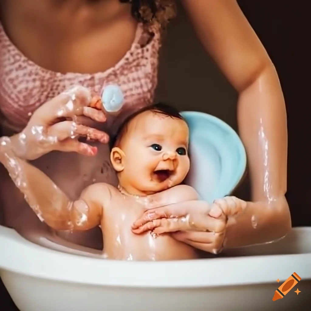mother bathing her baby with baby wash