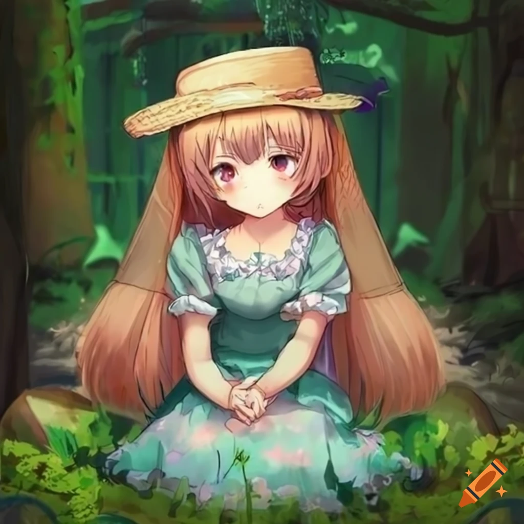 anime girl playing with a frog by a stream