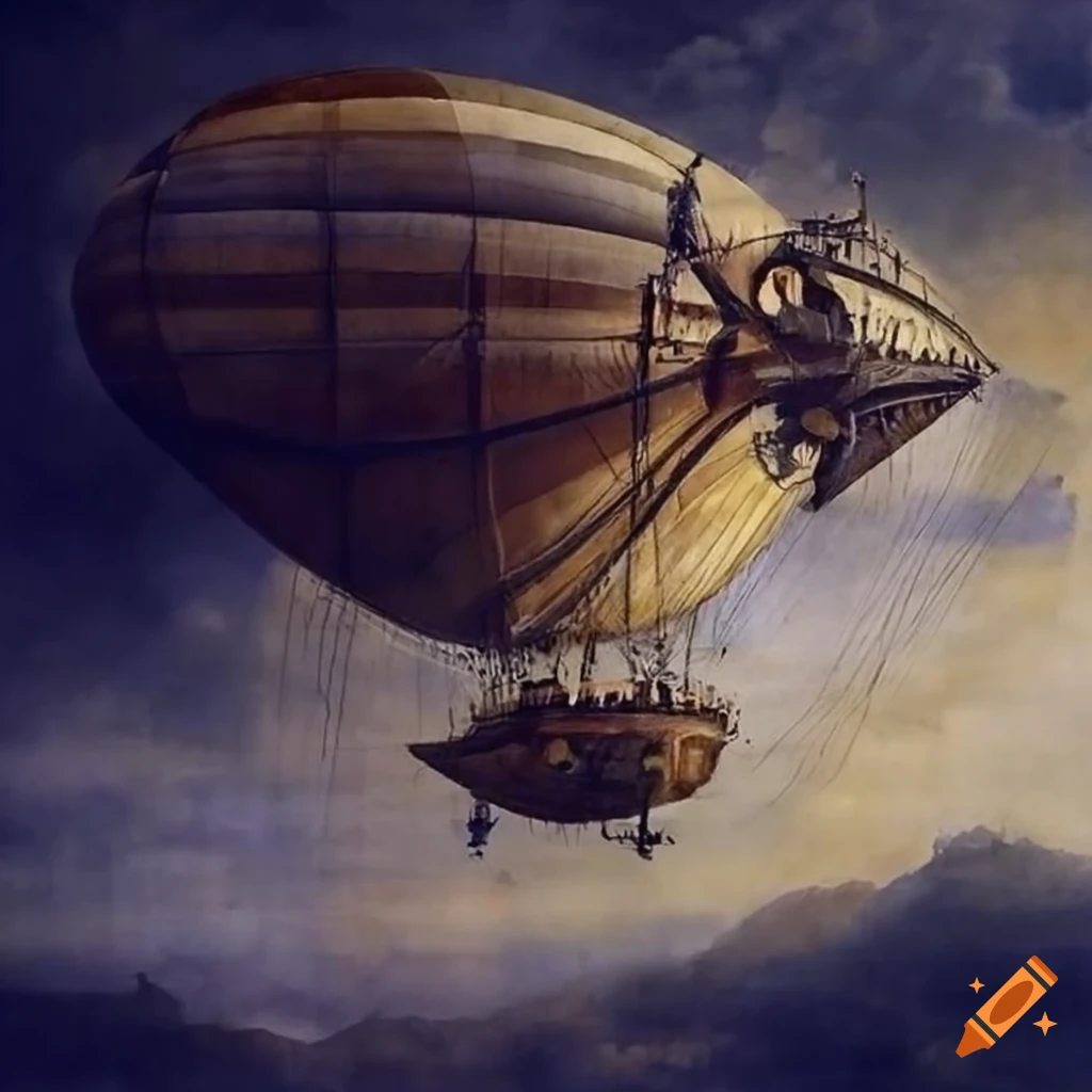 steampunk airship soaring in the sky