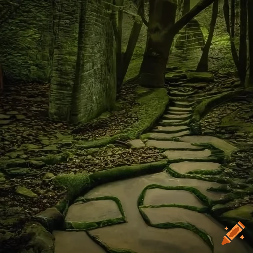 a scenic stone labyrinth with intricate pathways