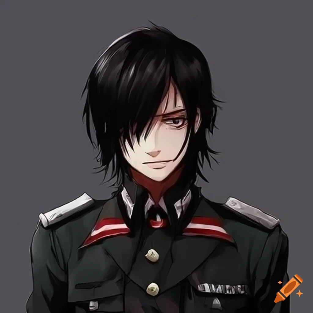anime character: angry German Oberleutnant with black hair and black eyes