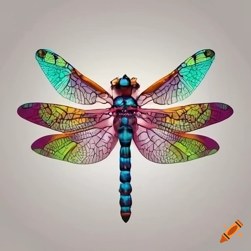 hyperrealistic depiction of an exotic dragonfly specimen