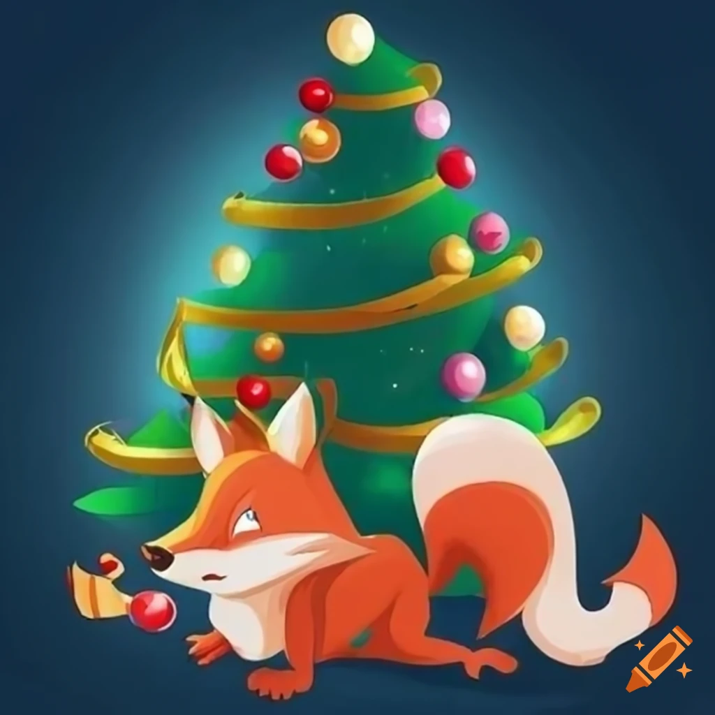 Cartoon art of a fox with a christmas tree on Craiyon