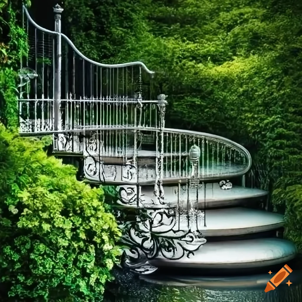 curved silver stairs leading to balcony in a garden