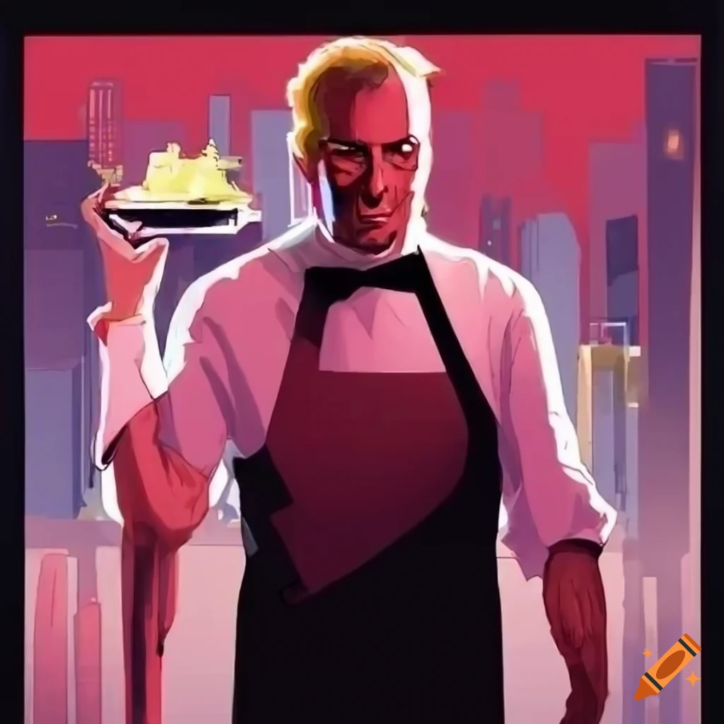 comic book art of a butler in a modern city kitchen