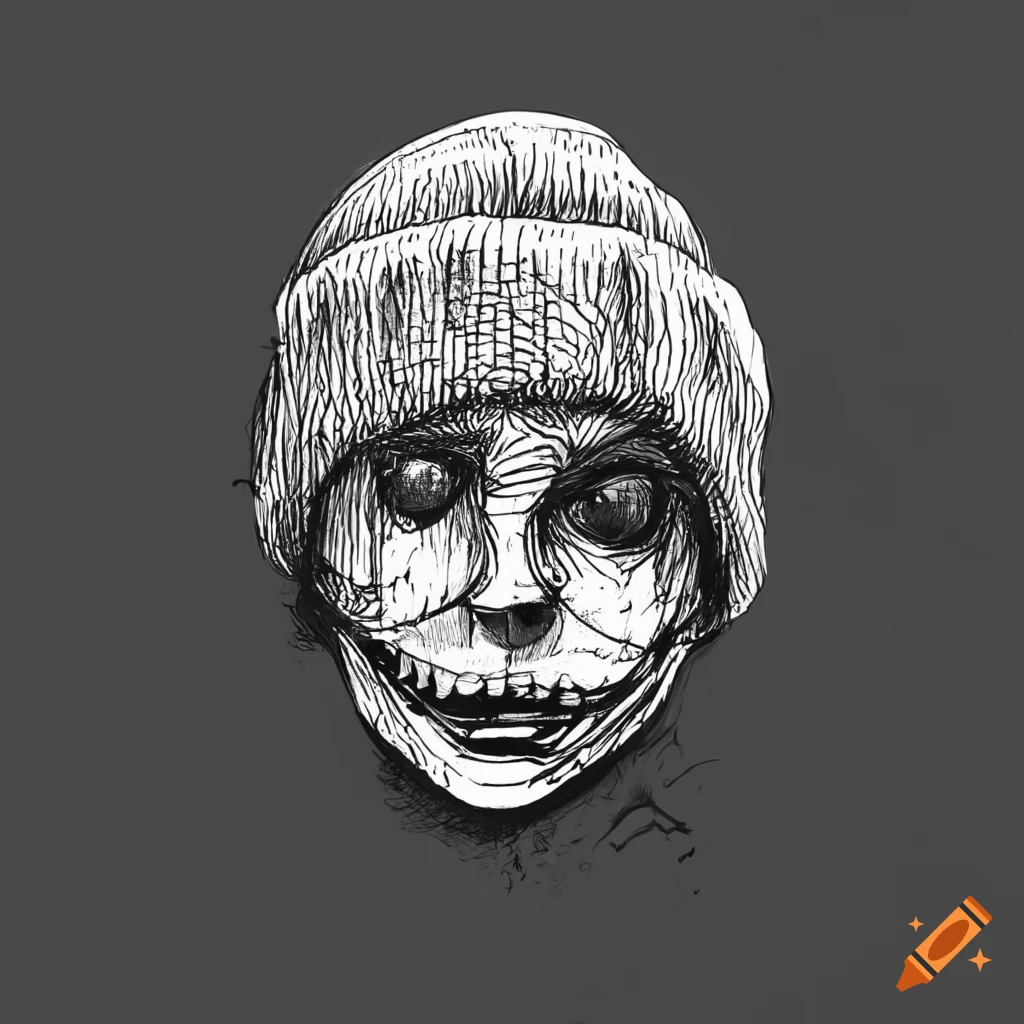 minimalistic black and white drawing of a creepy smiling face wearing a beanie