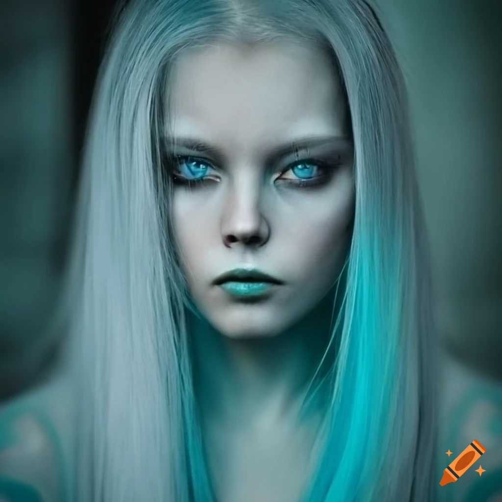 Stunningly beautiful person with turquoise skin and silver hair