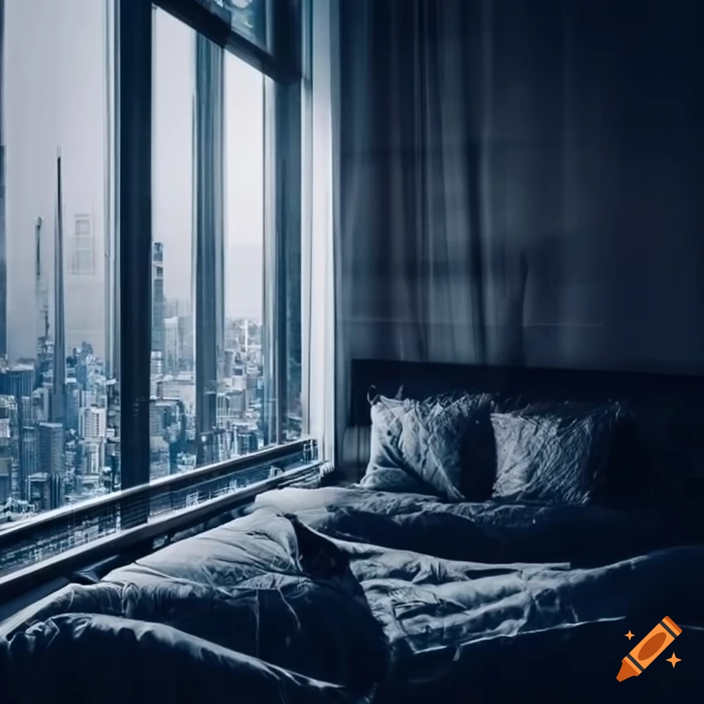 modern bedroom with a view of rainy city